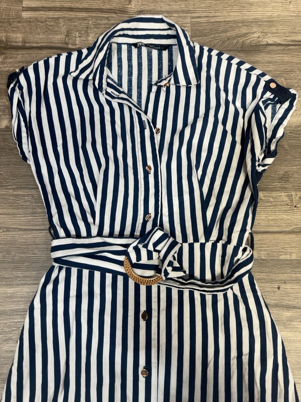 ZARA XS Navy White Striped Belted Shirt Dress Side Slits Round Buckle - Picture 6 of 9
